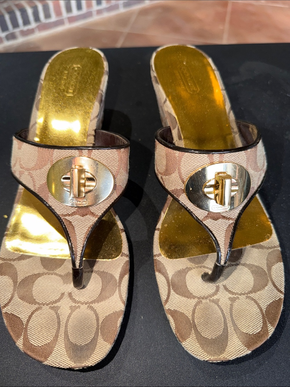 Coach Brown Signature Canvas Thong Sandals with Gold Accents